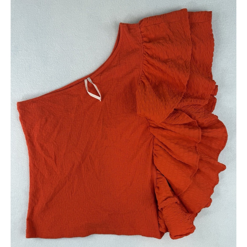 By Anthropologie Ruffled Side One Shoulder Top Size‎ Small Orange Blouse